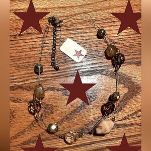 Macy's Brown/tan beaded metallic Necklace with Rustic string like Chain Design